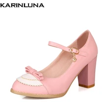 Karinluna Size 32-45 Classic Mary Jane Style Chunky High Heel Shoes Woman Sweet Bowtie Pumps Party Wedding Prom Footwear