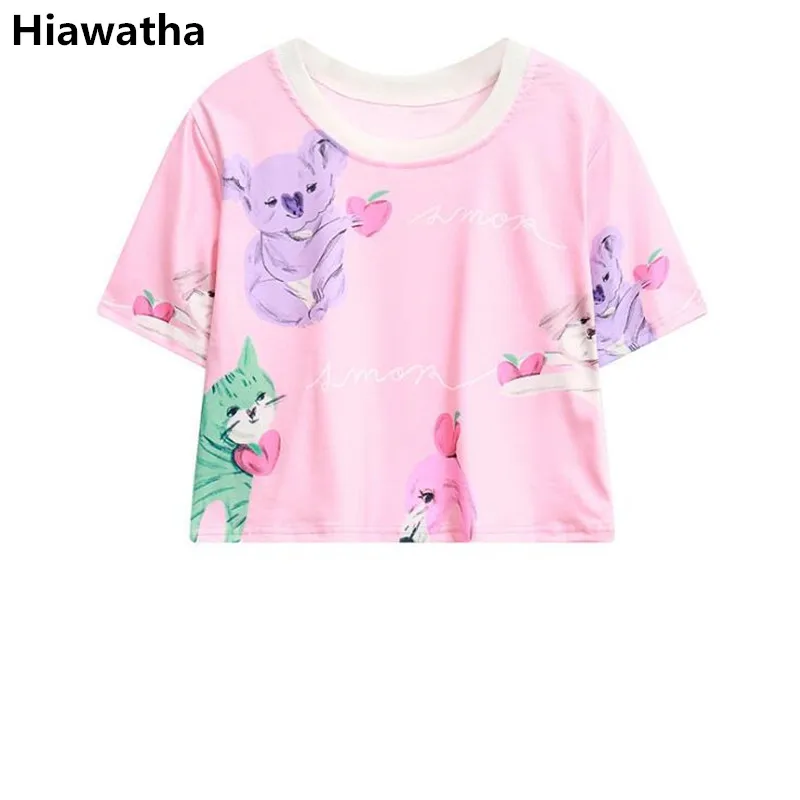 

Hiawatha 2018 New Girl Cute Cat Printed Pink T-Shirt Harajuku Style Short Sleeve Summer Crop Tops Women Loose T Shirts T3376