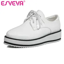 ESVEVA 2017 Astilla Cuñas de Tacón Mujer Bombas Lace Up Ocio las mujeres Zapatos de Plataforma Punta Redonda Zapatos de Primavera Otoño Tamaño Grande 34-43