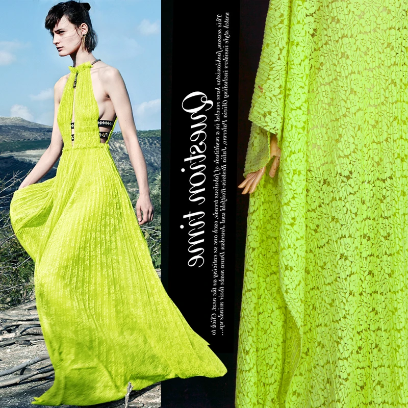 Patchwork 2016 Micro Fluorescence Import Yellow-green Hollow Out Pattern Pleated Skirt Dress Lace Fabric Drape Fashion Fabrics