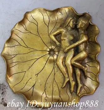 

Chinese Brass Carved Art Beauty Belle Man In Lotus Leaf Statue Plate Ashtray