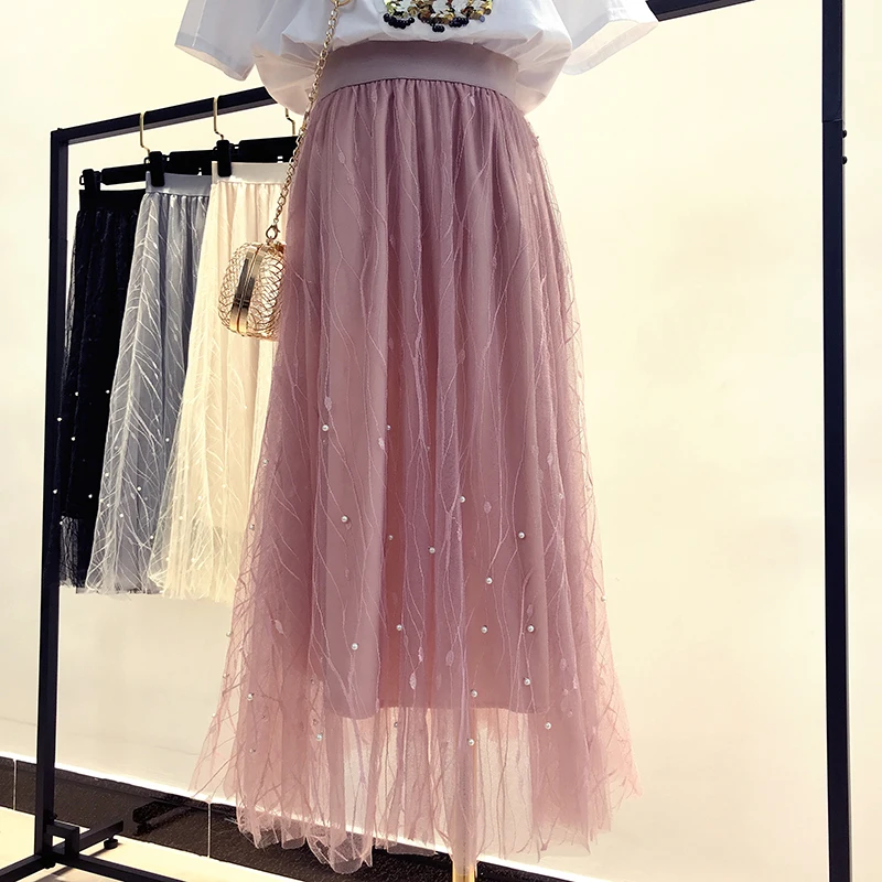 Женская плиссированная юбка из сетки до середины икры Lengh Solid Empire Waist Fashion Весна Повседневная 2019