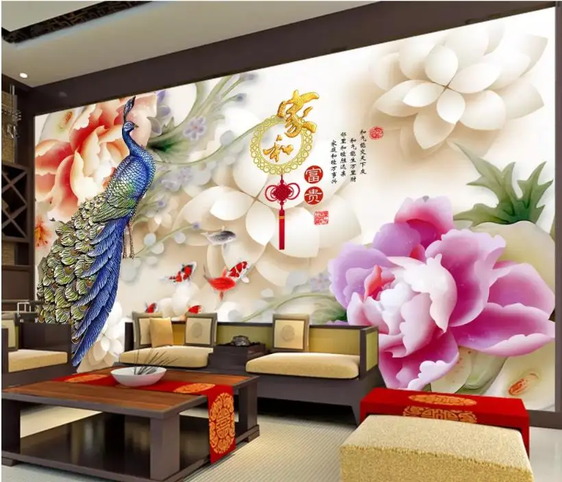

Art Mural for Living Room Large Painting Home Decor Jade carving peony peacock 3D background wall Custom 3d Mural Wallpaper
