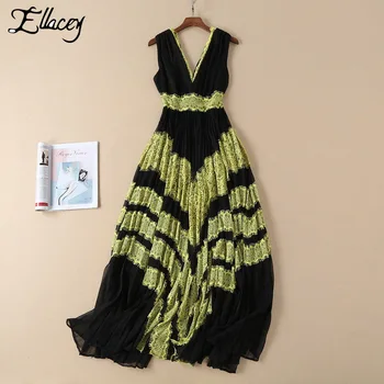 

Catwalk Annual Meeting Dress High-end Women's 2019 Summer European Patchwork Long Party Dresses V-neck Silk Lace Maxi Dress
