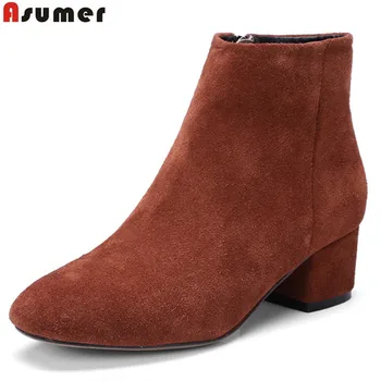 

Asumer fashion cow suede women boots square toe zipper ladies autumn winter boots black gray Army green ankle boots