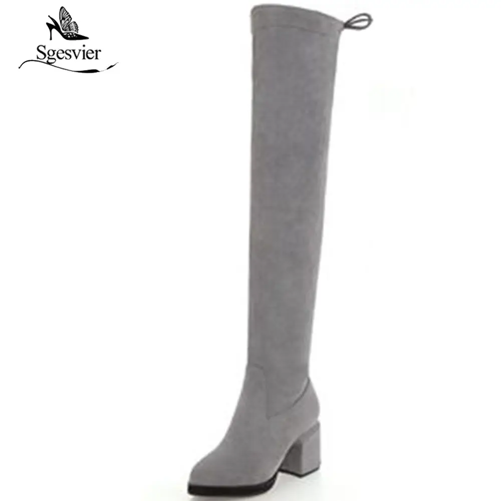 

Sgesvier New Black red women's Suede Thigh High Boots Sexy elastic Over the Knee Boots Thick Heels Footwear Women Shoes OX818