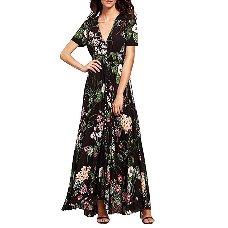 

Print Summer Boho Dress Women V Collar 2019 Summer Maxi Dress High Wasit Loose Split Dresses Femme Boheemain Dress Vestido