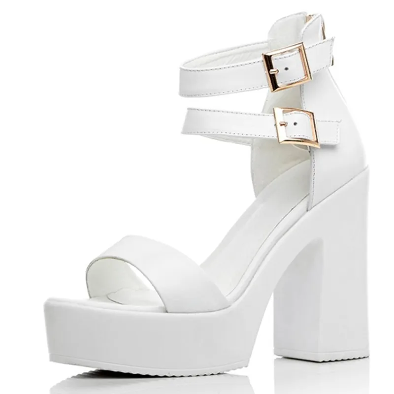 Fashion Party thick Sole Shoes cowhide leather Woman Sexy ankle warp High Heels Summer open toe