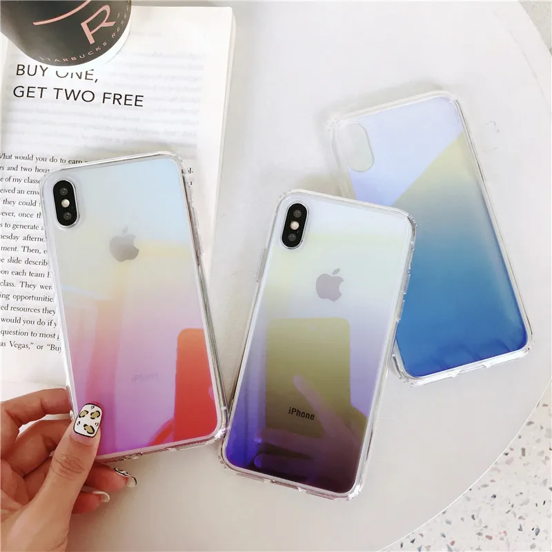

Gradient Color Blue Ray Aurora Case For iPhone 7 8 Plus 6 6S X Xs Max XR Hard PC Back Soft TPU Edge Anti-knock Coque Cases
