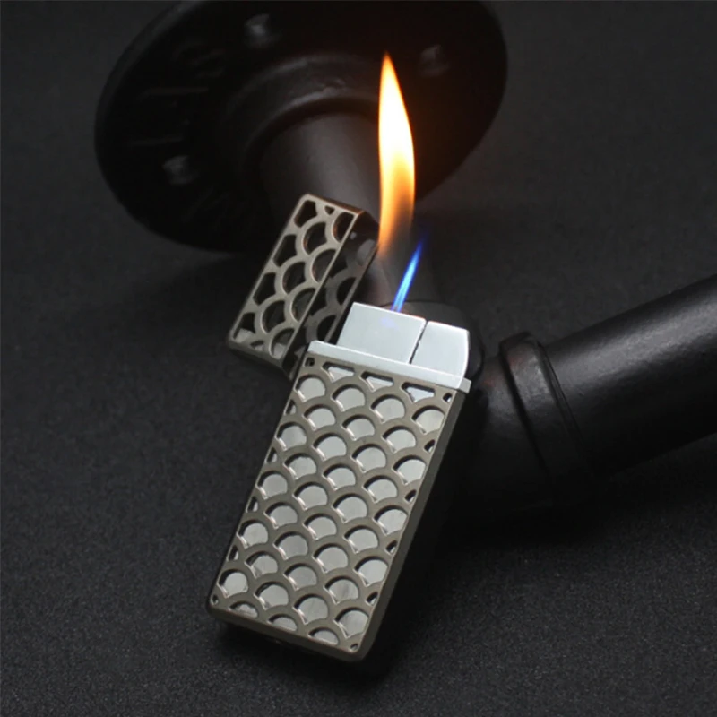 

Portable Lighter Hollow Straight Double Fire Show Inflatable Windproof Straight Into The Open Fire Double Fire Lighter has Gas