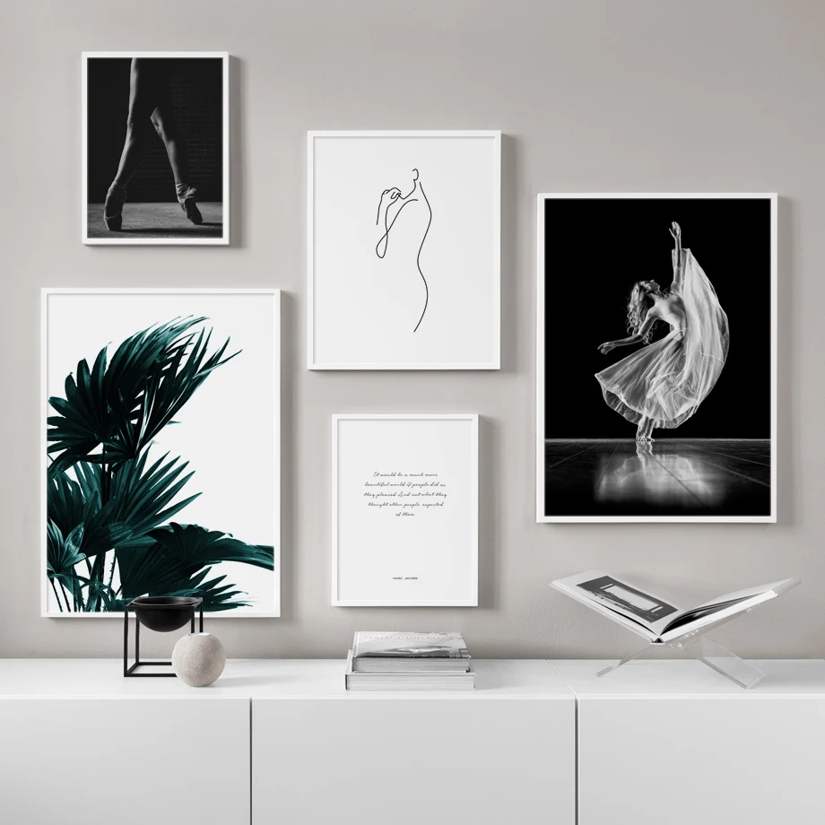

Palm Leaf Black White Dancing Girl Line Wall Art Canvas Painting Nordic Posters And Prints Wall Pictures For Living Room Decor