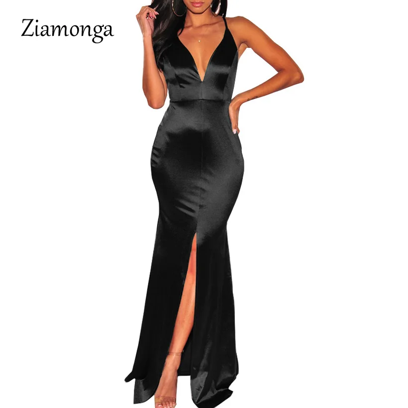 Ziamonga осень г. атласное платье для женщин без рукавов с открытыми плечами разделение Длинные платье макси пикантные - Цвет: Black