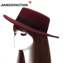 Брендовая новая шерстяная шляпа с плоским верхом для женщин, фетровая шляпа с широкими полями, фетровая шляпа, женская шляпа
