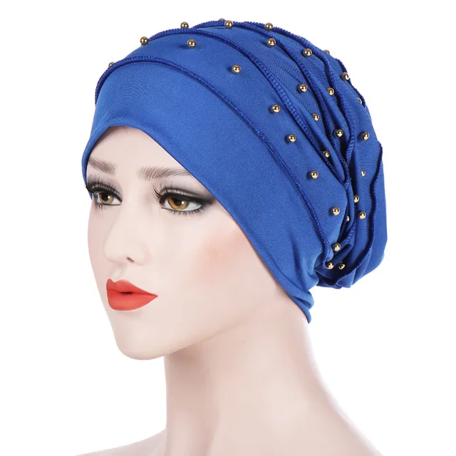 Muslim Women Stretch Cotton Ruffle Bead Turban Hat chemotherapy Chemo Beanies Caps Headwrap Hair Loss For Cancer Accessories Blue