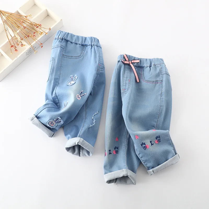 

Girl Cartoon Rabbit Embroidered Thin Pants Boy Knitted Elastic Jeans Calf-length