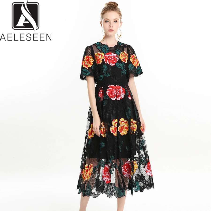 Женское Сетчатое платье AELESEEN Черное вечернее до середины икры с