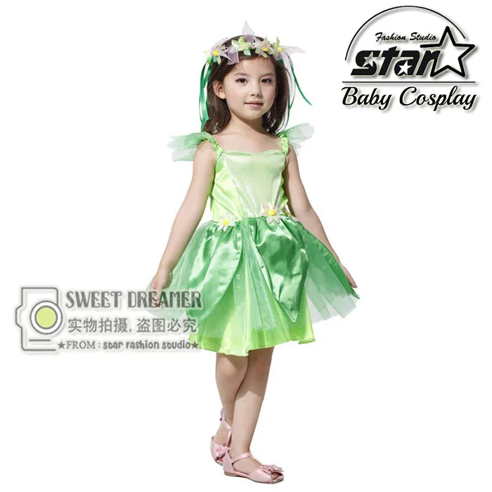 

Novelties Green Elf Sprite Dress Peter Pan Girls Tinkerbell Garden Fairy Kids Costume Halloween Lovely Woodland Princess Dress