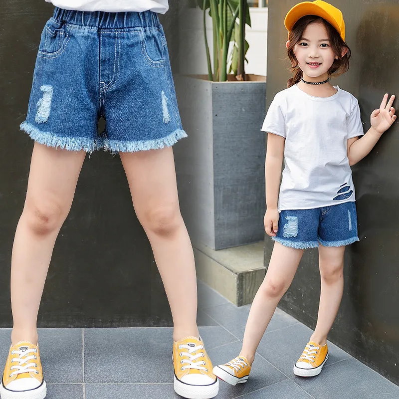 

4-12T Kids Girls Toddler Shorts Denim Cartoon Pattern Baby Ripped Jeans Short Pants Summer Pearls Kids Trousers Children Clothes