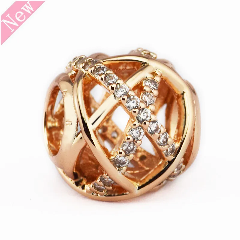 Сверкающая галактика ажурная бусина-Шарм для женщин ювелирные изделия 14ct звезда розового золота-шипованные линии DIY Fit PANDORA амулеты FL106R