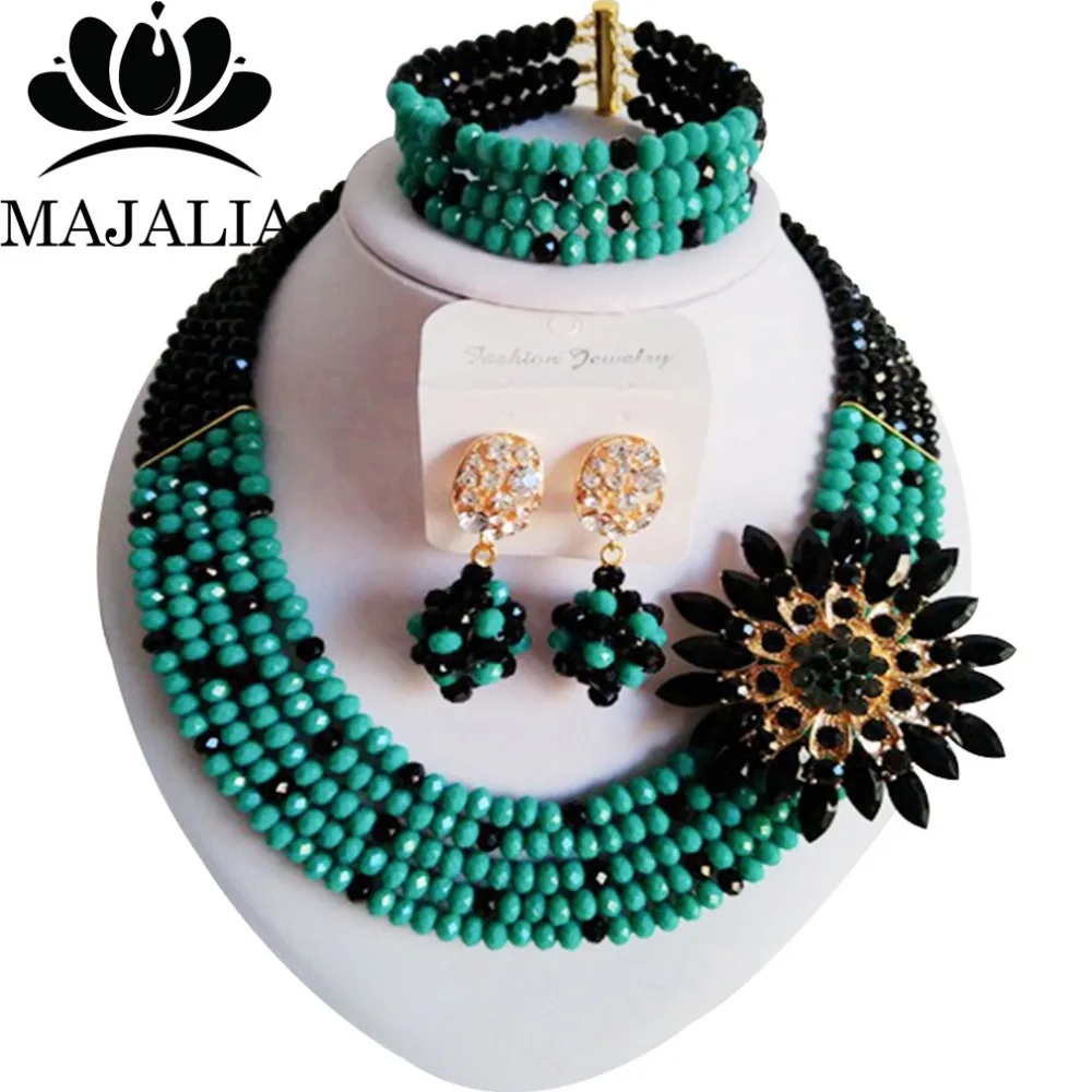 

Crystal Nigeria Wedding Teal Green african beads jewelry set crystal necklace bracelet earrings Free shipping Majalia-056