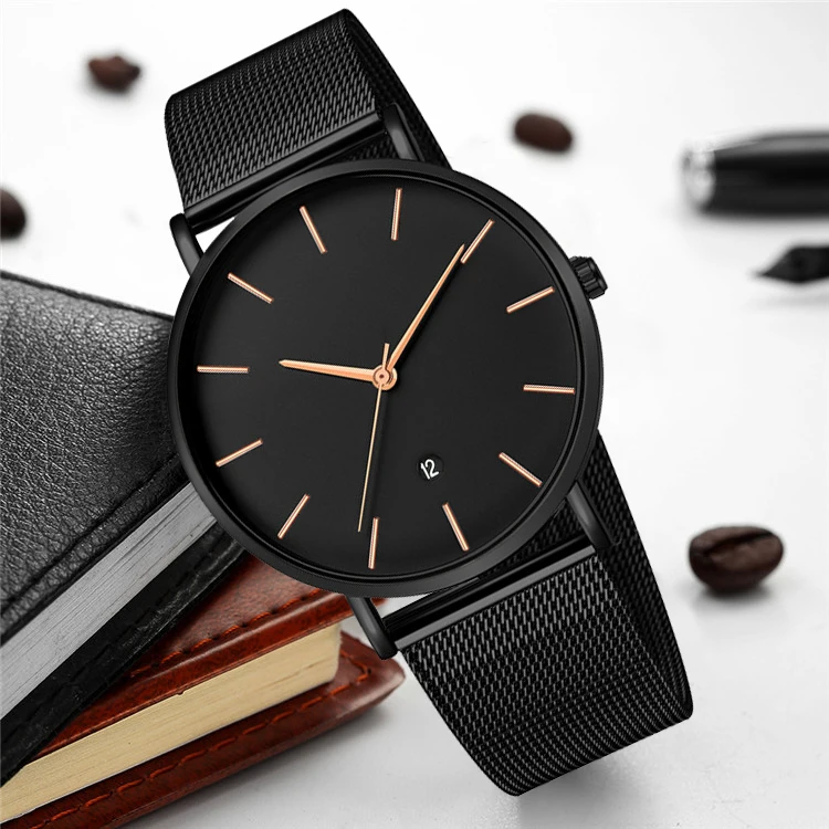 Черные наручные часы, мужские часы, деловые часы, брендовые наручные часы из нержавеющей стали, мужские кварцевые часы для мужчин, часы с календарем