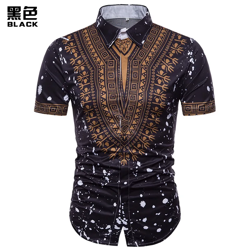Men's Ethnic Floral 3D Three-dimensional Printing Short-sleeved Men Camisa Social Camiseta Masculina Shirts Chemise Homme - Цвет: Черный