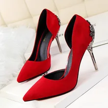 Free shipping New Fashion suede Thin heel women pump Carved metal Pointed toe women High heeled shoes sexy cutouts wedding pump