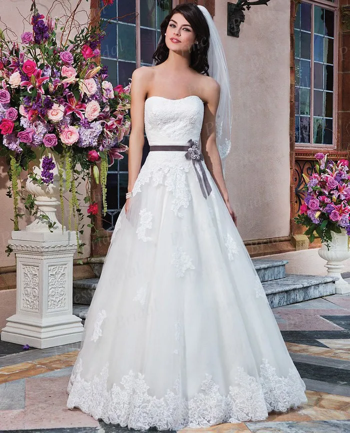 

Free Shipping New Arrival Tailor Made A-Line Strapless Sweep Train Tulle Best Wedding Dress Design With Appliques SW3831