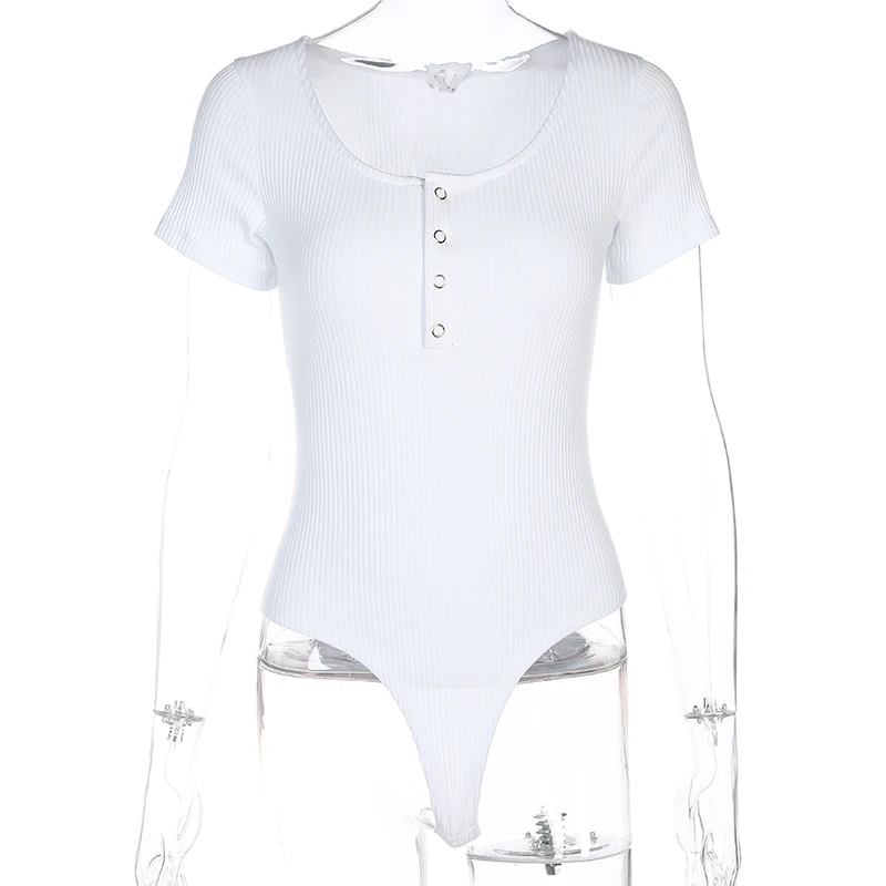 Sweetown مثير أسود قصير كم ارتداءها النساء زر BodyTop بذلة قصيرة الأبيض الجسم موهير 2018 الصيف الخريف Bodycon رومبير