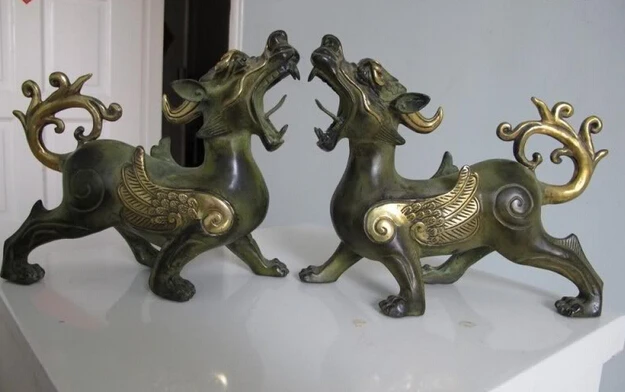 

xd 001687 8" Chinese Folk Bronze Copper Gild Feng Shui Evil Door Foo Dog Lion kylin Pair