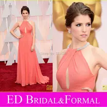 Eine Linie Halter Bördelte Anna Kendrick Roter Teppich-kleid zu 2015 Oscar Awards Korallen Chiffon-Berühmtheit Prom Abendkleid