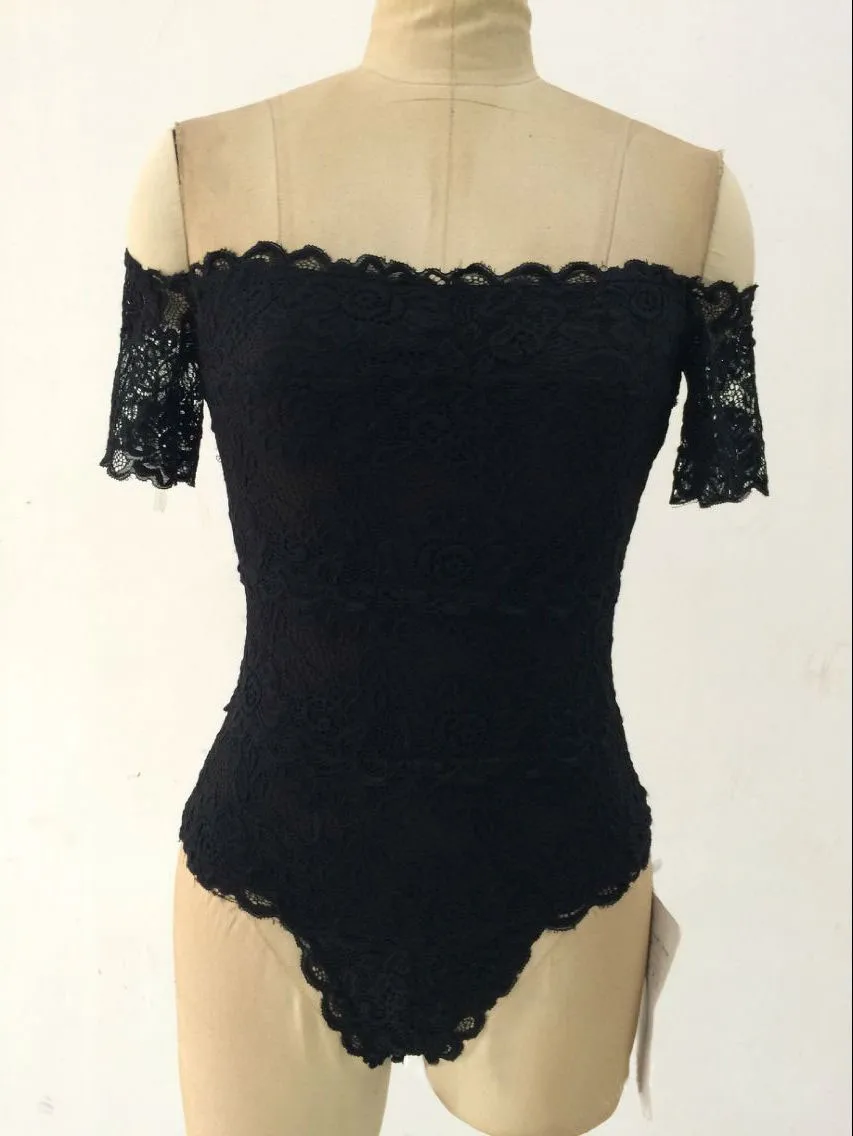 Elegant Bodysuit Tops For Womens Summer Short Sleeve Black Lace Off Shoulder Sexy Bodycon Playsuits Jumpsuits Rompers C2801