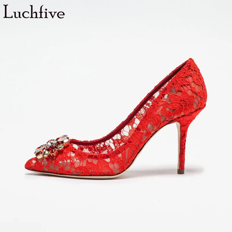 

Luchfive Red Mesh Rhinestone Flower Pumps Runway Lace Pointed Toe High Heels Genuine Leather Single Shoes Woman Chaussures Femme