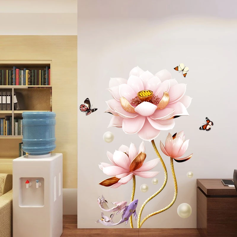 3D цветок лотоса гостиная домашний Декор виниловые наклейки на стену рыба Водонепроницаемый Ванная комната спальня украшения плакат обои