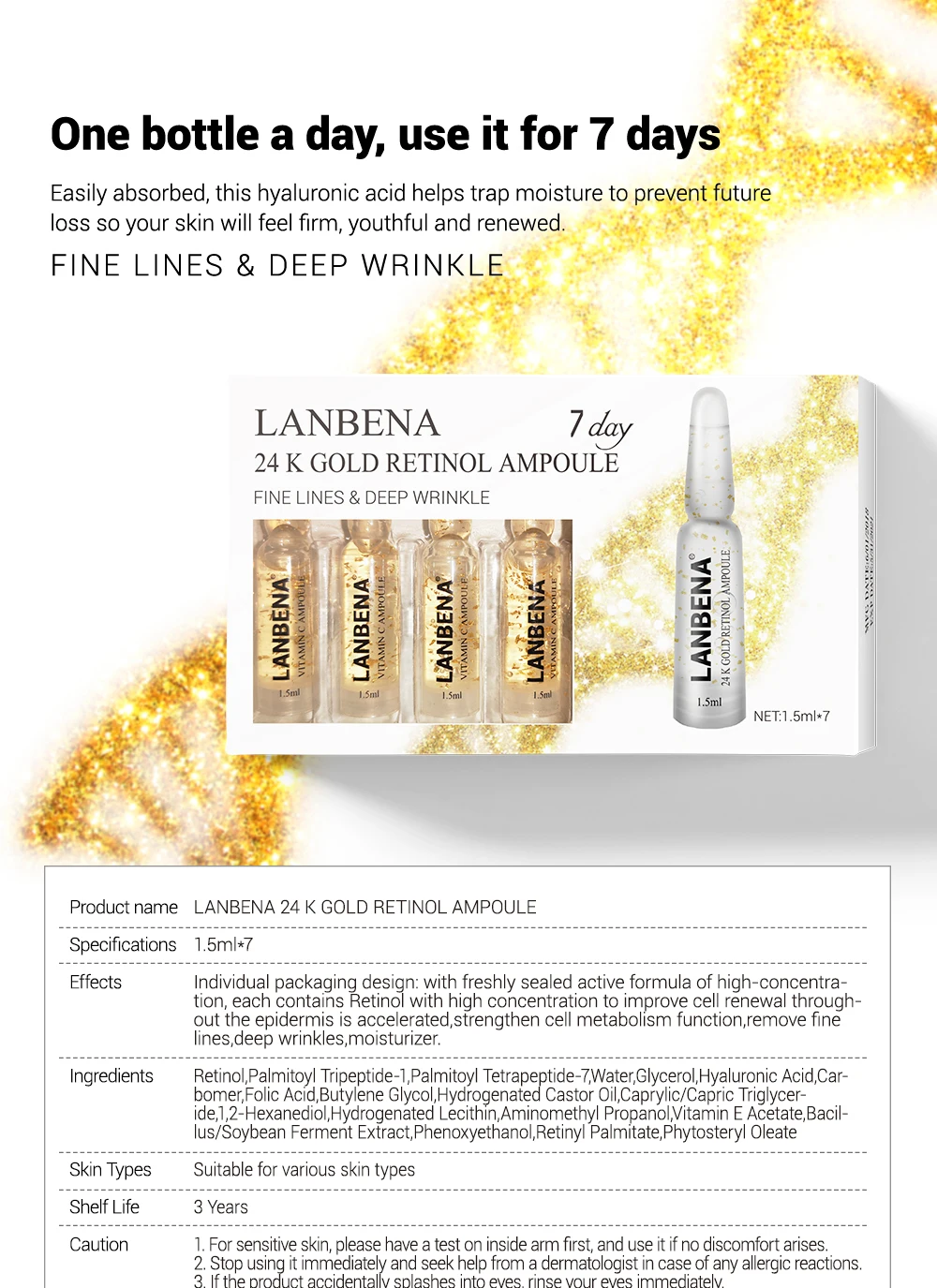 LANBENA Сыворотка для лица 24 K Gold Retinol Ampoule Антивозрастная морщинка увлажняющая красота 7 шт./лот уход за кожей лица