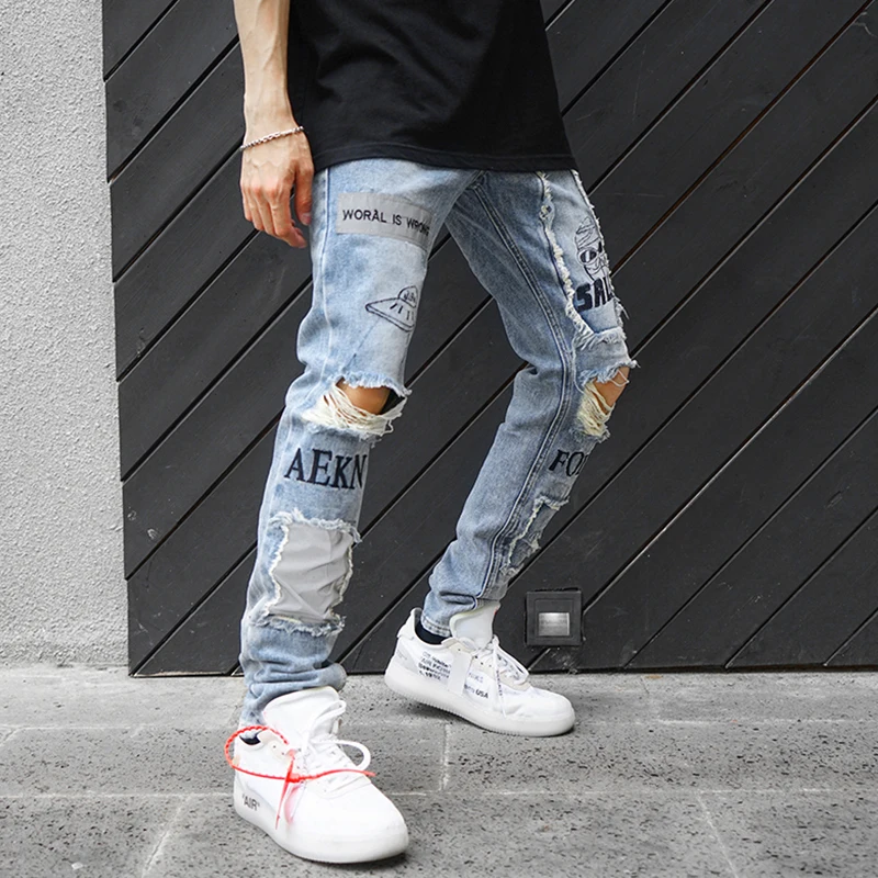 Riflettente Uomini Skinny Jeans Strappati 2018 Vintage Biker Pantaloni  Jogger Distressed Hole Baggy Denim Slim Fit Casual - AliExpress Men's  Clothing