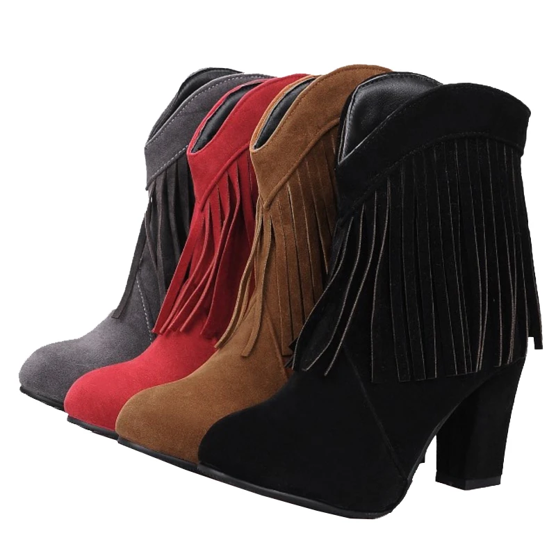 SJJH Women Nubuck Ankle Boots with Round Toe Chunky Fringe Suede Short Martin Boots Fashion Sweet Roman Shoes Large Size Q368