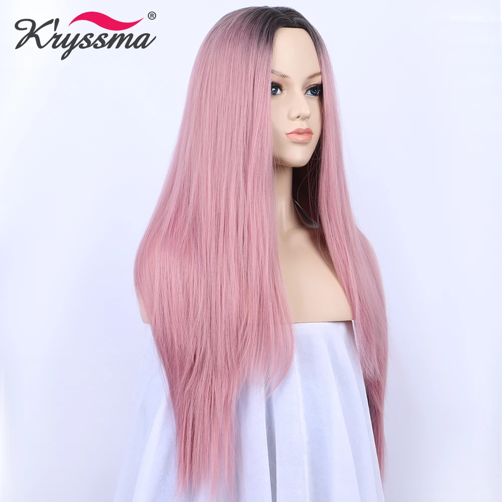 

Pink Synthetic Wigs for Women Ombre Wig with Dark Roots Long Straight Full Machine Made Wig Glueless Heat Resistant Fiber