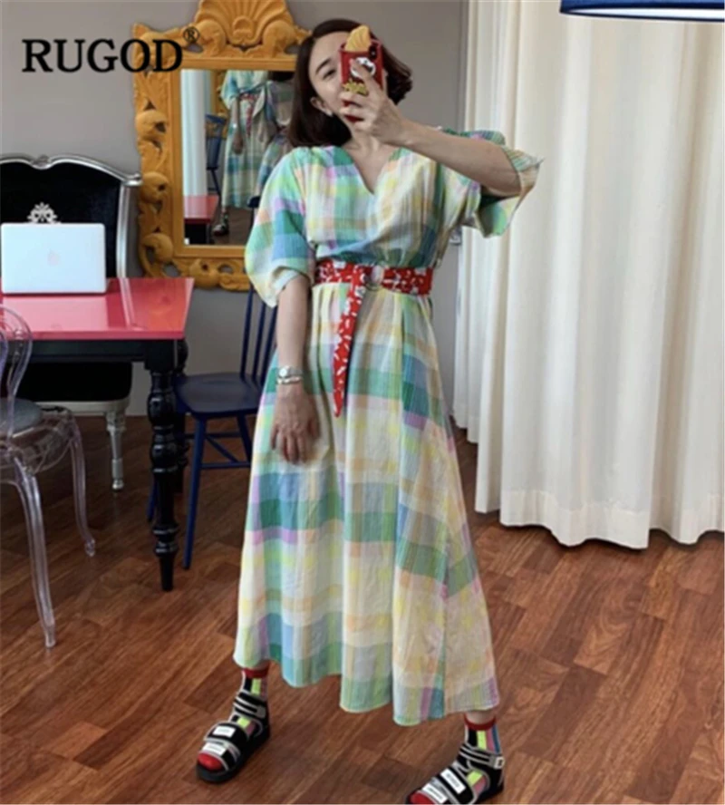RUGOD, Новое поступление, женское цветное платье с v-образным вырезом, свободный с короткими рукавами, прямое, винтажное, с поясом, узкая расцветка, винтажное платье