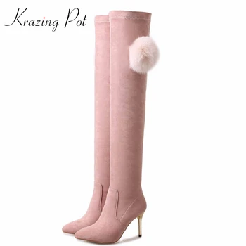

Krazing Pot flannel mink hair winter shoes keep warm thigh high boots high heels pointed toe women cute over-the knee boots L66