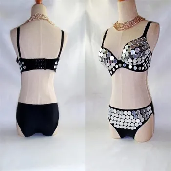 

EC30 Silver mirror bikini models stage show wears clothe dj disco party dress club performance bra ballroom dance costume silver