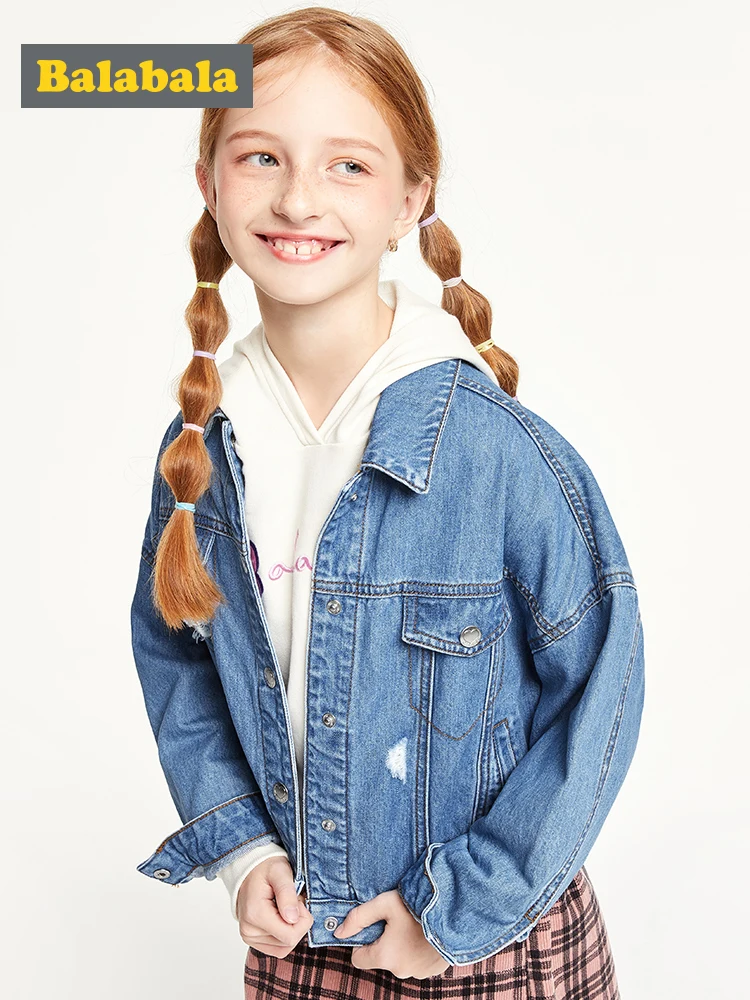 

Balabala Children clothing jacket girls jeans suit autumn 2019 new big children cotton soft Korean version profile coat