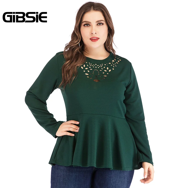 

GIBSIE Plus Size Office Lady Elegant Peplum Blouse Fashion Tops 2019 Spring Women Casual Hollow Out Round Neck Long Sleeve Shirt