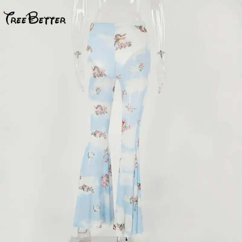 Summer Mesh Double Patchwork 2019 Cupid Printed Bell Female Sense Screen Stitching Casual Long Flare Pants Summer Mesh Double Patchwork 2019 Cupid Printed Bell Female Sense Screen Stitching Casual Long Flare Pants