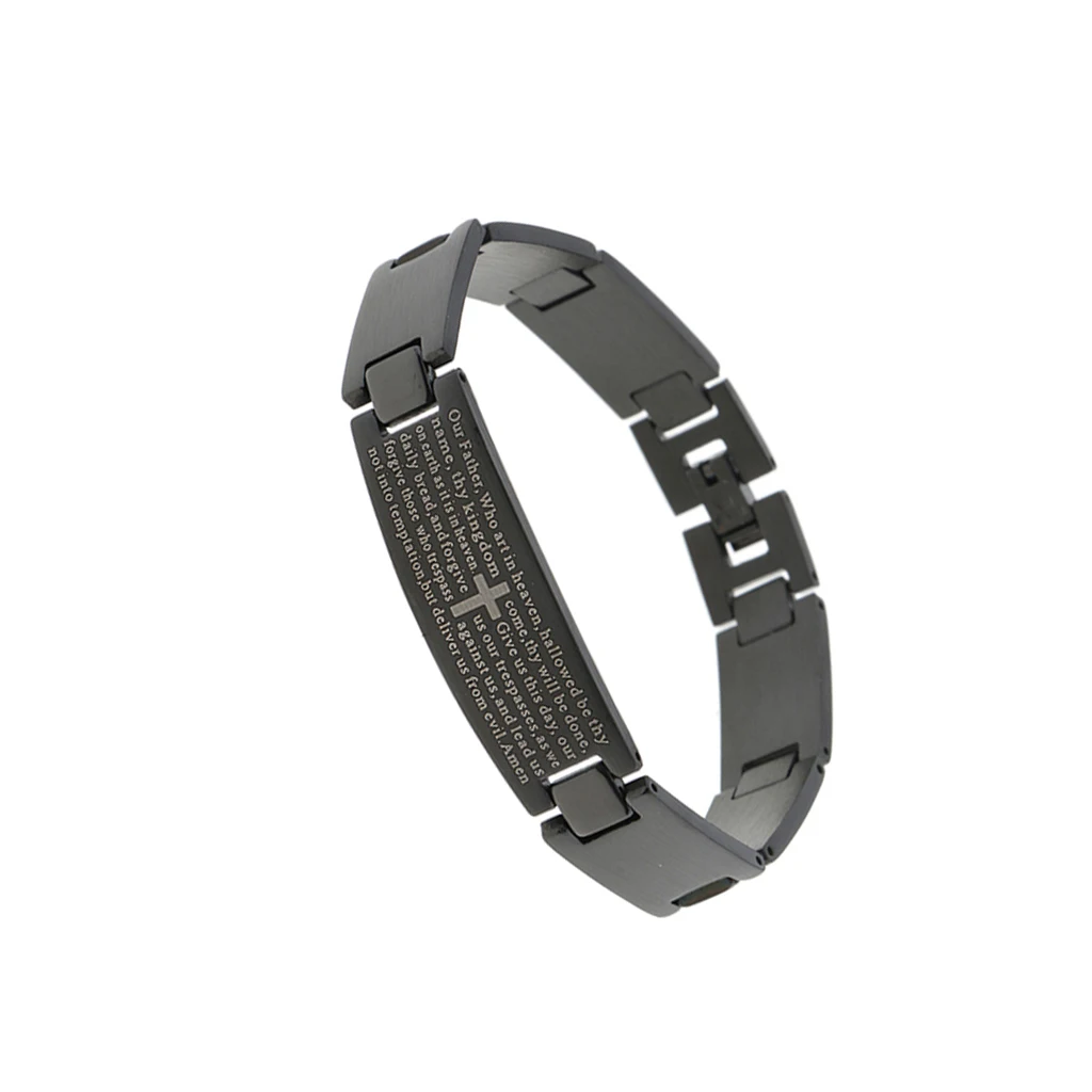Men Women Charm Cuff Wristband Stainless Steel Bracelet with Engraved English Lord's Prayer Bible Cross Pattern 21x1.5cm