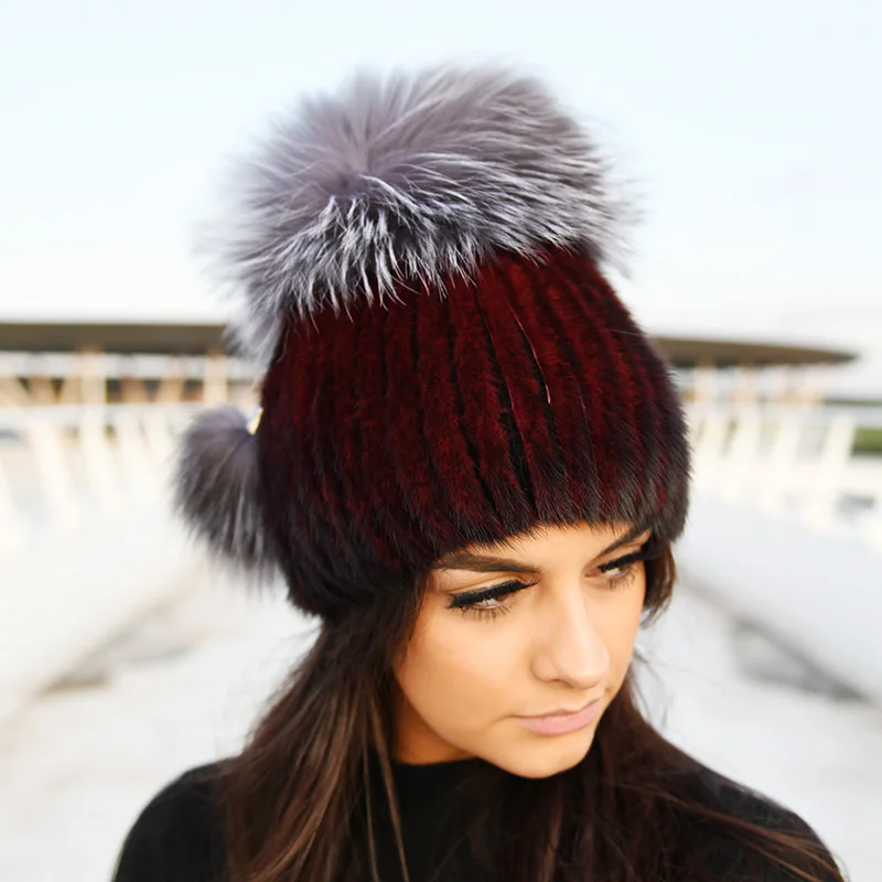 

Free Shipping CX-C-56D Women Winter Silver Fox Fur Pom Pom Real Mink Fur Hats