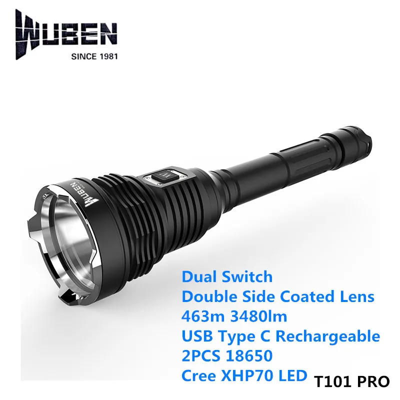 

Wuben T101 PRO Cree XHP70 3480lm Ultra Powerful USB C Rechargeable LED Flashlight with Dual Switch Personal Tazer Defense