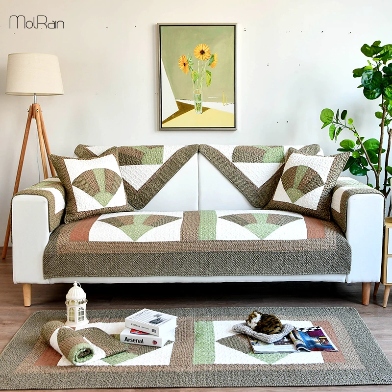 

Stitched Washed Cotton Sofa Cover for Living Room Patchwork Printed Slipcover Sofa Towel Armchair Furniture Protector 1/2/3 Seat