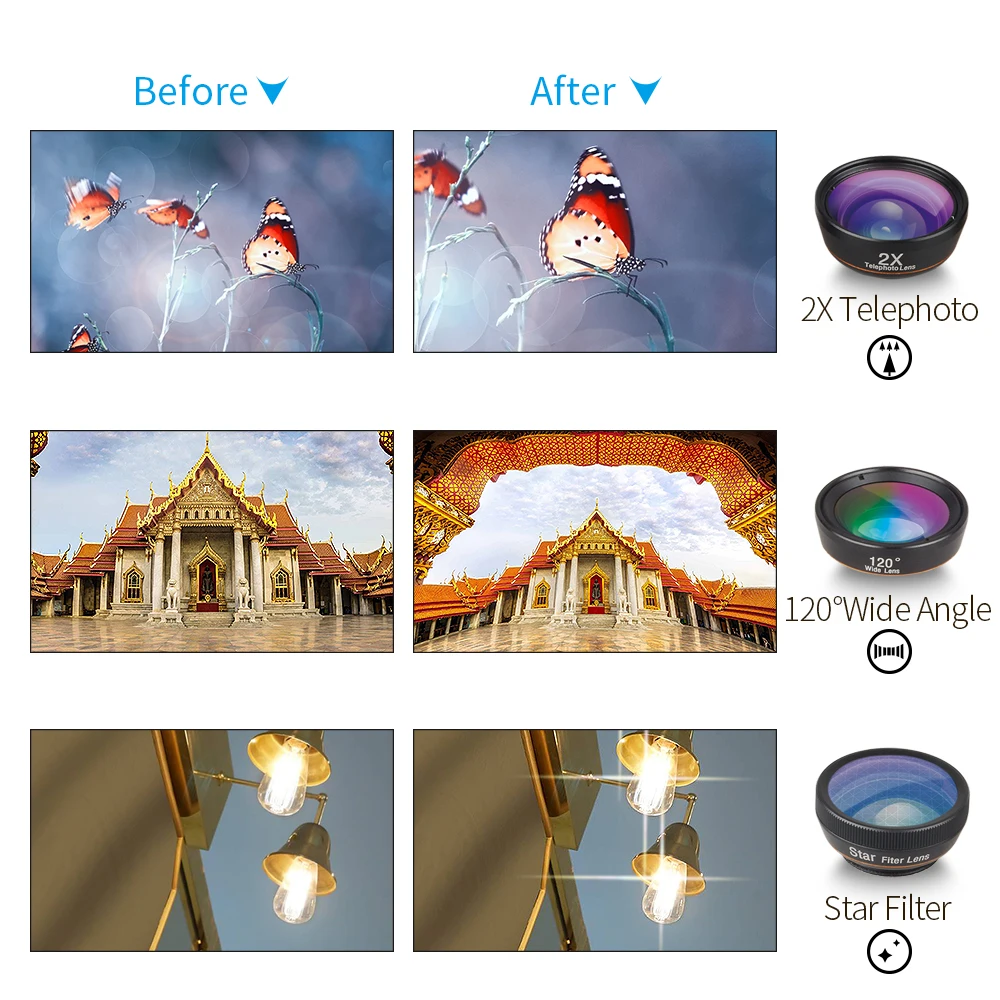 APEXEL 6 in 1 Phone Camera Lens Fisheye Lens Wide Angle macro Lens CPL Star Filter 2X telescope for Samsung Huawei all phones 10 5 (1)