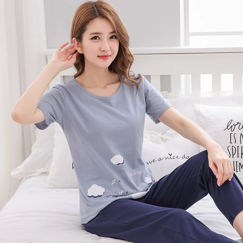 

New Arrival Summer 100%Cotton Women Short-sleeved Pajamas Set Round Neck Big Size M-XXL Short Top+Long Pants Mujer Girls Pyjama